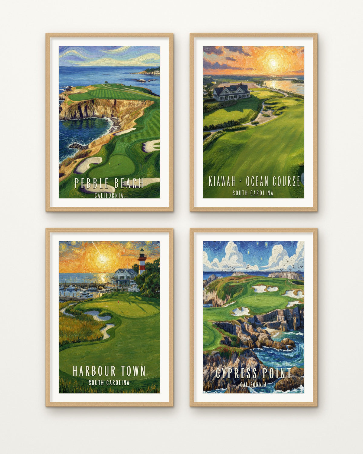 Coastal Classics set of 4 golf prints framed on a wall: Pebble Beach, Kiawah Ocean Course, Harbour Town, Cypress Point
