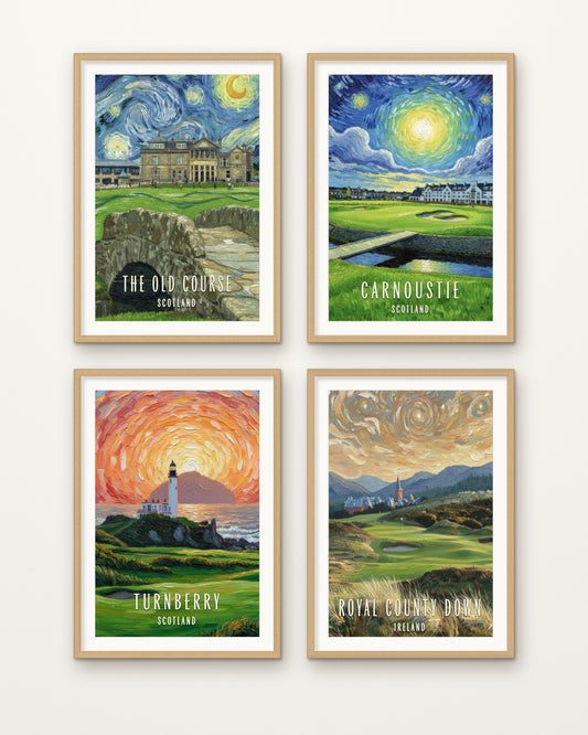 Links Legends set of 4 golf prints framed on a wall: St Andrews, Carnoustie, Turnberry, Royal County Down