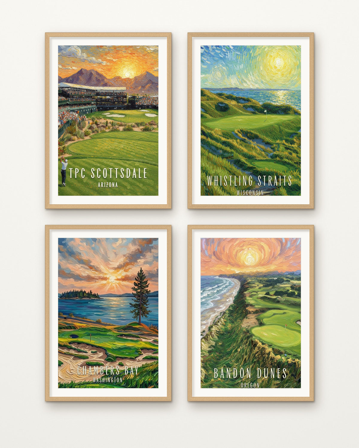 Modern Icons set of 4 golf prints framed on a wall: TPC Scottsdale, Whistling Straits, Chambers Bay, Bandon Dunes